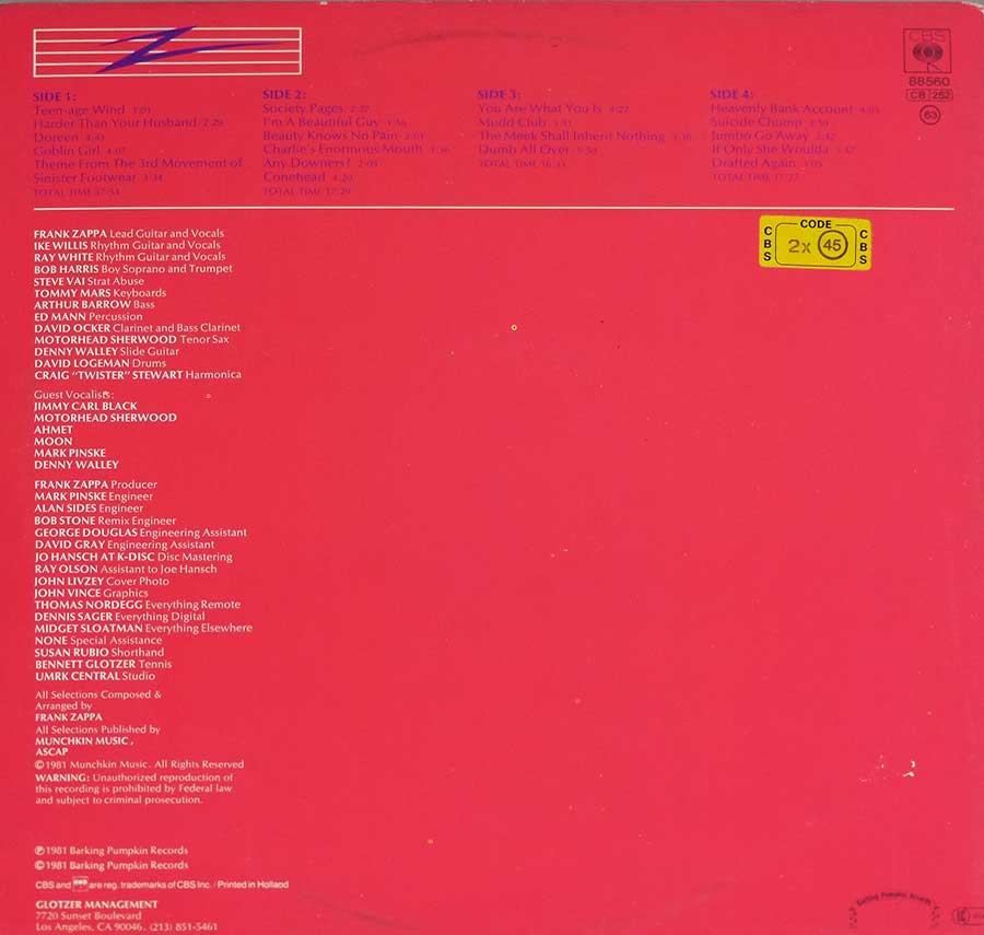 FRANK ZAPPA - You Are What You Is Gatefold 2LP 12" DLP VINYL Album  back cover