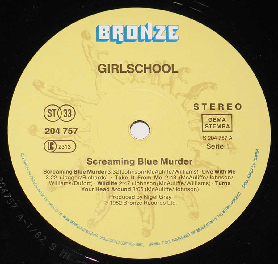Close up "Screaming Blue Murder" Record Label Details: Bronze 204 757  er 12" Vinyl LP Album