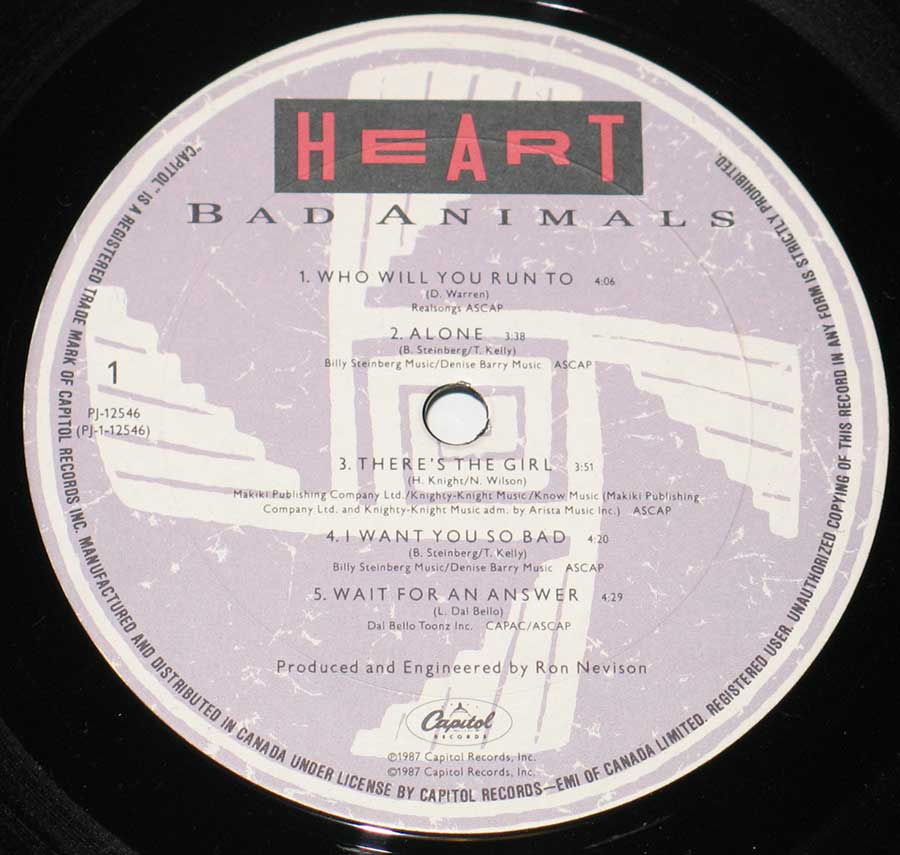 HEART BAD - Animals Canada Release 12" Vinyl LP Album enlarged record label