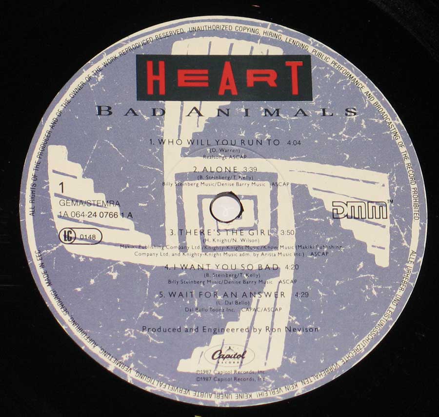 HEART - Bad Animals with Wilson sisters DMM 12" Vinyl LP Album enlarged record label