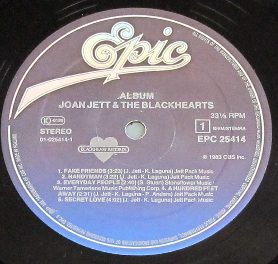 Close up of record's label JOAN JETT & THE BLACKHEARTS - Album Gatefold 12" LP Vinyl Album Side One