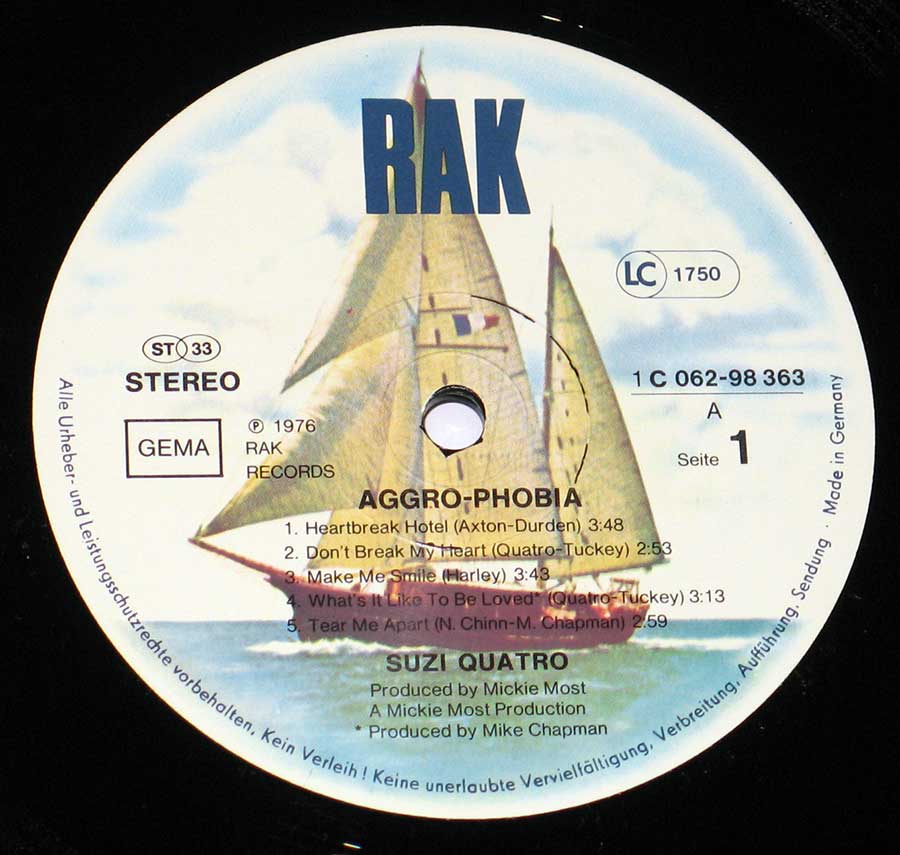 Close up of record's label SUZI QUATRO - Aggro-Phobia Side One