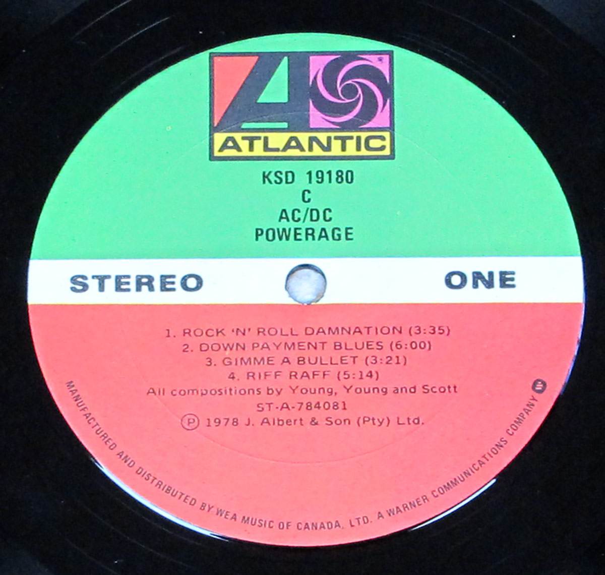  with green, white, and red horizontal sections, the text AC/DC Powerage, catalog number KSD 19180, and manufacturing details by WEA Music of Canada