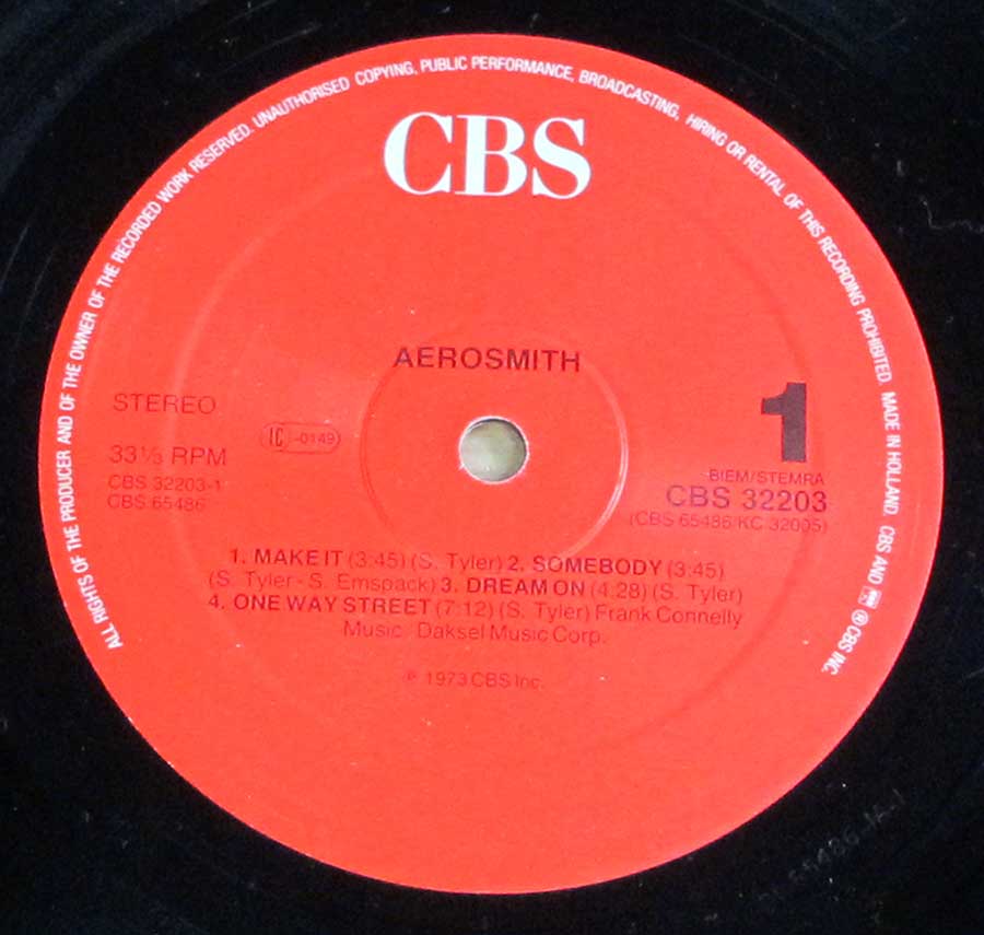Close up of Side One record's label AEROSMITH - S/T Self-Titled Red CBS 12" LP Vinyl Album

