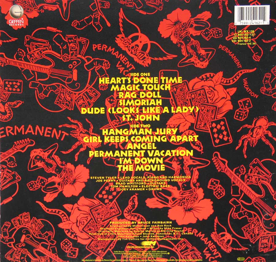 AEROSMITH - Permanent Vacation 12" Vinyl LP Album back cover