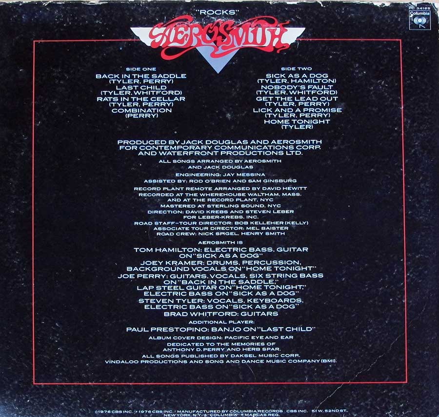 AEROSMITH - Rocks - USA Release 12" LP Vinyl Album back cover