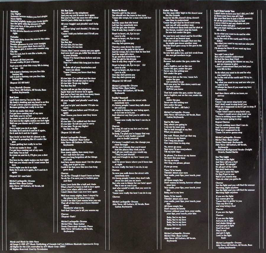 Photo Two of the original custom inner sleeve  ALDO NOVA - S/T Self-Titled Lyrics Sleeve