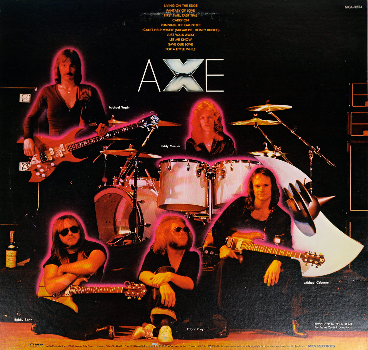The back cover of AXE’s 1980 album Living on the Edge. The image shows the five band members posed against a stark black background, their figures outlined with glowing neon pink light. Michael Turpin stands on the left with his bass, Teddy Mueller is behind a white drum kit in the center, Bobby Barth sits cross-legged at the lower left with a guitar, Edgar Riley Jr. sits on the ground with long blond hair and sunglasses, and Michael Osborne rests on the right with his guitar and a large silver prop resembling the armored motif from the front cover. Above them in yellow text is the full track listing of the album. The metallic AXE logo is positioned prominently in the upper center. Production credits and the MCA Records logo appear at the bottom edge.