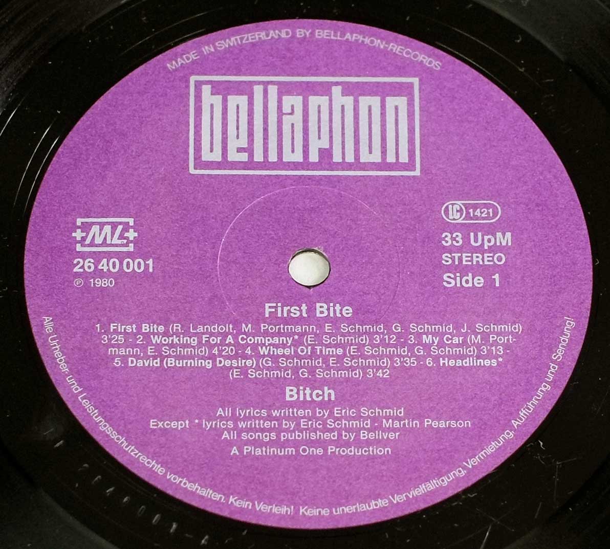 Large Hires Photo Close-up of "Bellaphon" Purple Record Label with +ML+ and Made in Switzerland  