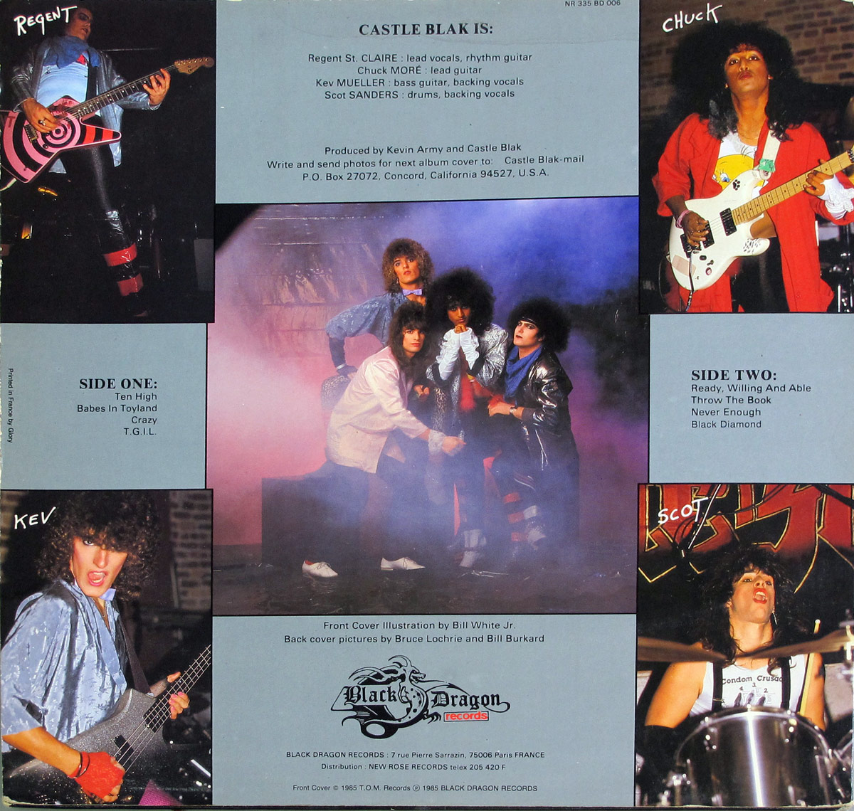 Back cover of Castle Blak's Babes In Toyland album showing individual band member portraits, group photo, track listings, credits, and Black Dragon Records logo.