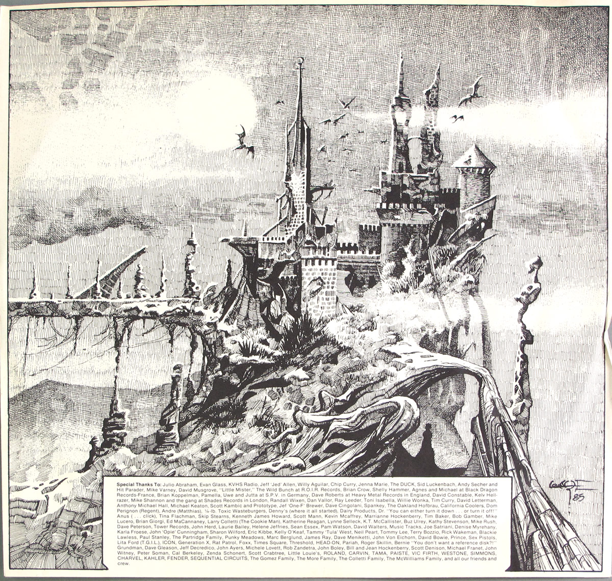 Intricate black and white fantasy illustration of a dark, towering castle perched on a cliff, with bridges, bats, and swirling clouds, used on Castle Blak's Babes In Toyland custom inner sleeve.