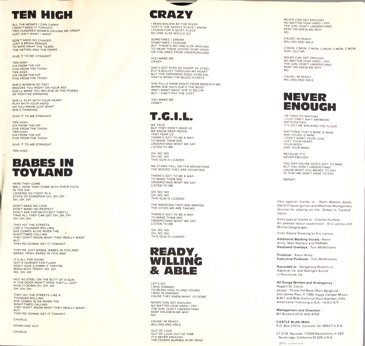 Castle Blak's Babes In Toyland custom inner sleeve featuring printed lyrics for all 8 songs in bold black type, arranged across a clean white background with credits at the bottom.