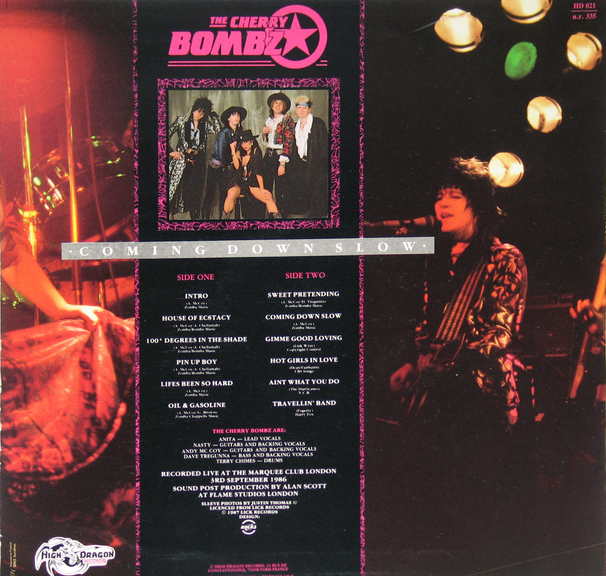 Back cover of the Cherry Bombz album 'Coming Down Slow' featuring tracklist, live band photos, and production credits, designed in bold glam-punk style.