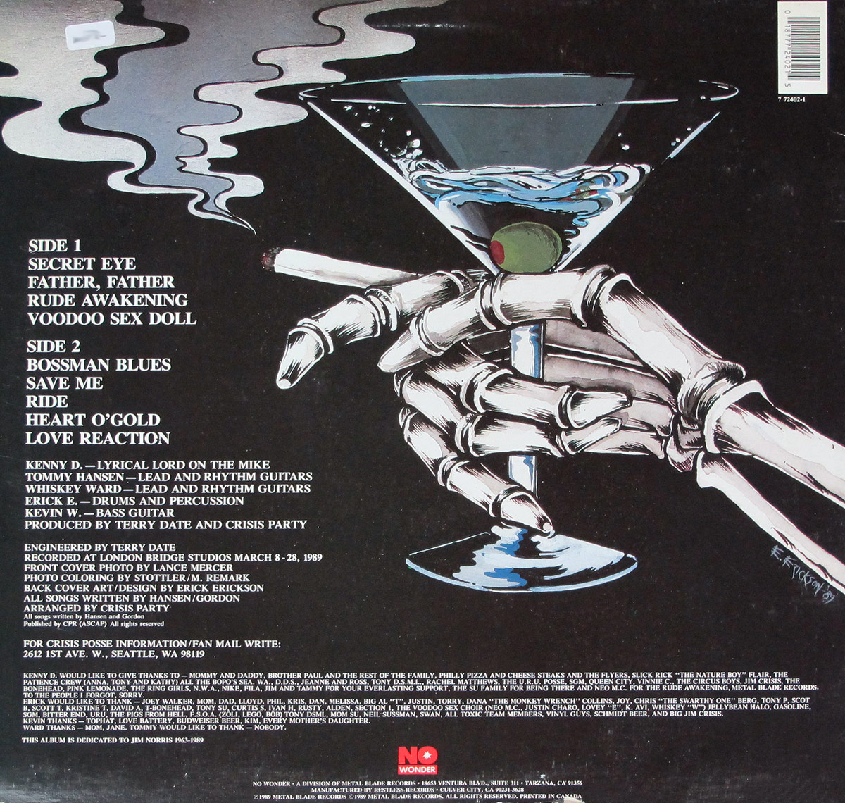 Back cover of CRISIS PARTY's 'Rude Awakening' album. A skeletal hand, highly detailed with metallic shading, holds a classic martini glass filled with liquid and an olive garnish. The same hand also grips a lit cigarette with curling smoke against a dark background. The tracklist is in bold white text on the left, with band member names and production credits below. The bottom features the 'No Wonder' logo in red.