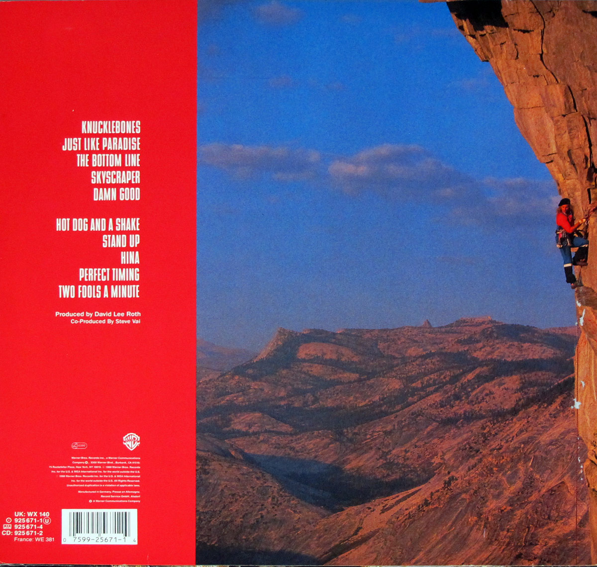 Back cover of David Lee Roth's Skyscraper album featuring a vertical cliff with Roth rock climbing in red gear on the right, and a vivid mountain landscape at sunset on the left, with track listing in bold white text on a red background.