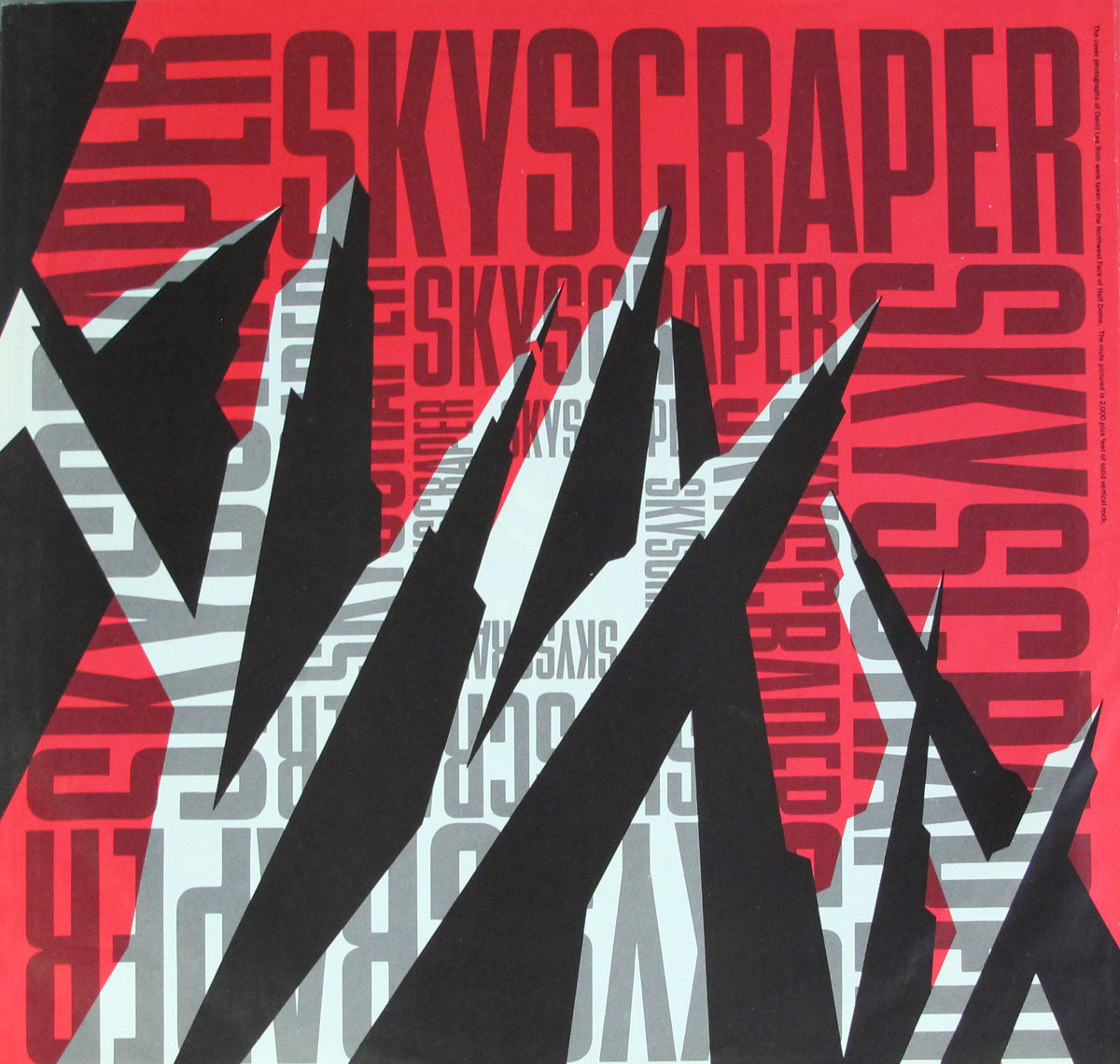 Inner sleeve of David Lee Roth's Skyscraper album featuring repeated bold 'SKYSCRAPER' text layered in red, black, gray, and white, with jagged, mountain-like black shapes slicing through the typography.