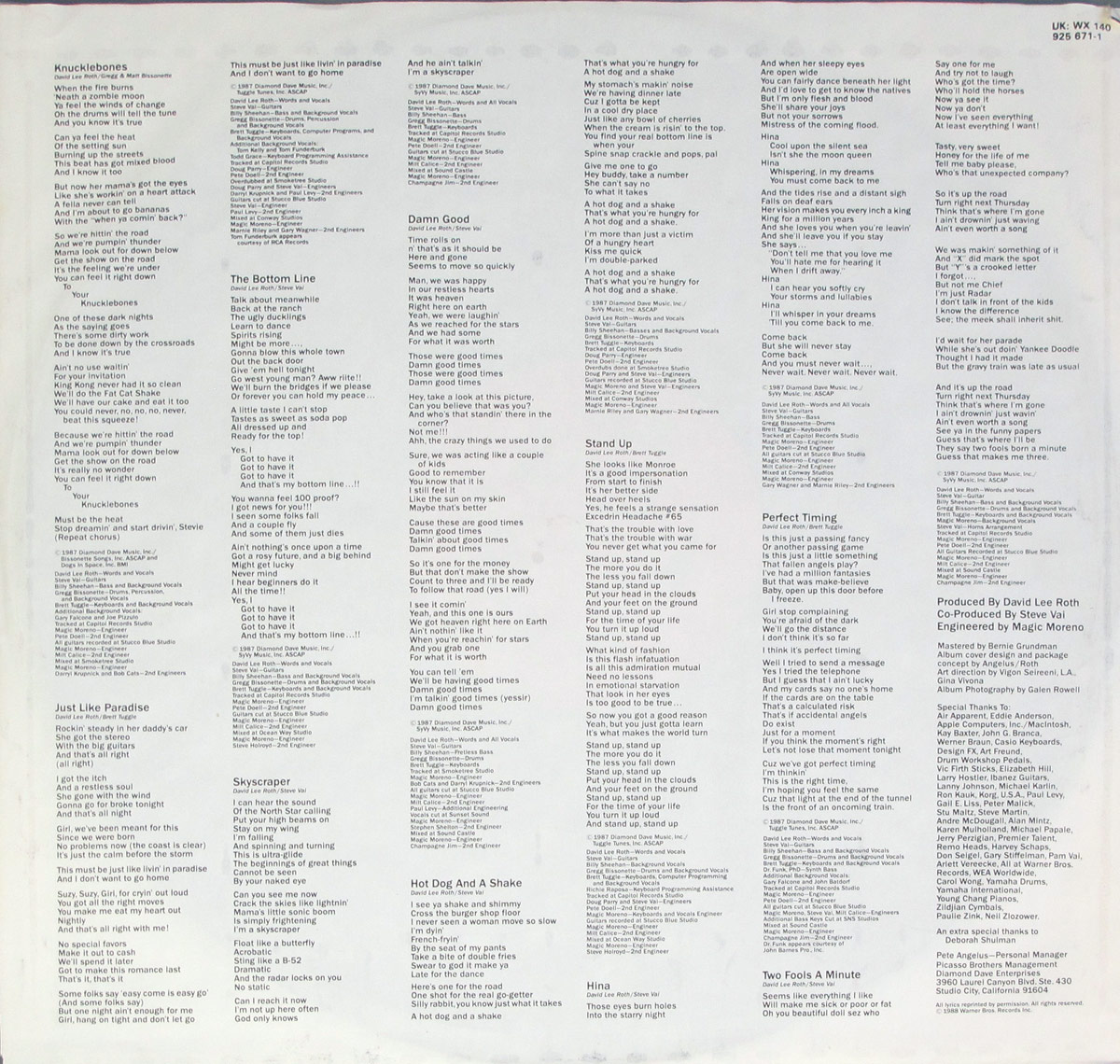 Lyrics and credits printed on a pale background for David Lee Roth's Skyscraper album inner sleeve. Text columns list all songs with full lyrics and production notes in black, sans-serif font.