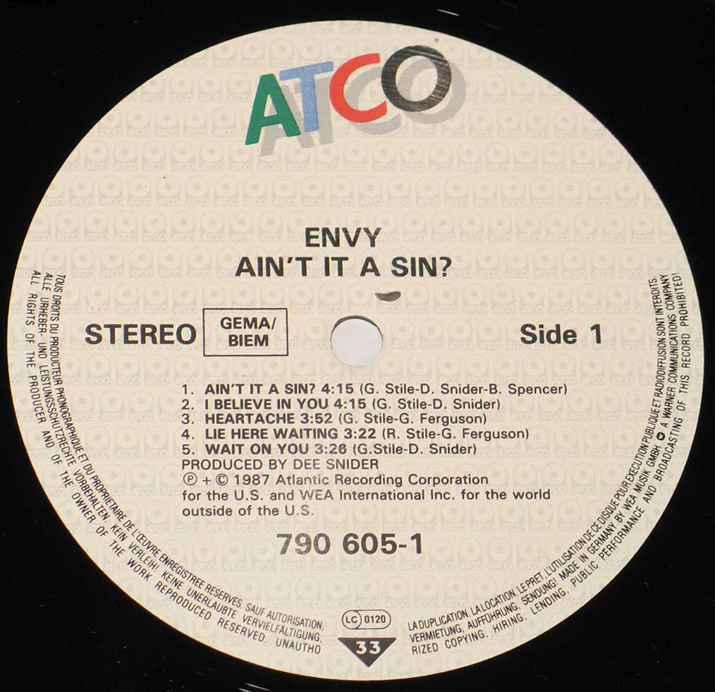 Close up of the ENVY - Ain't It A Sin record's label 