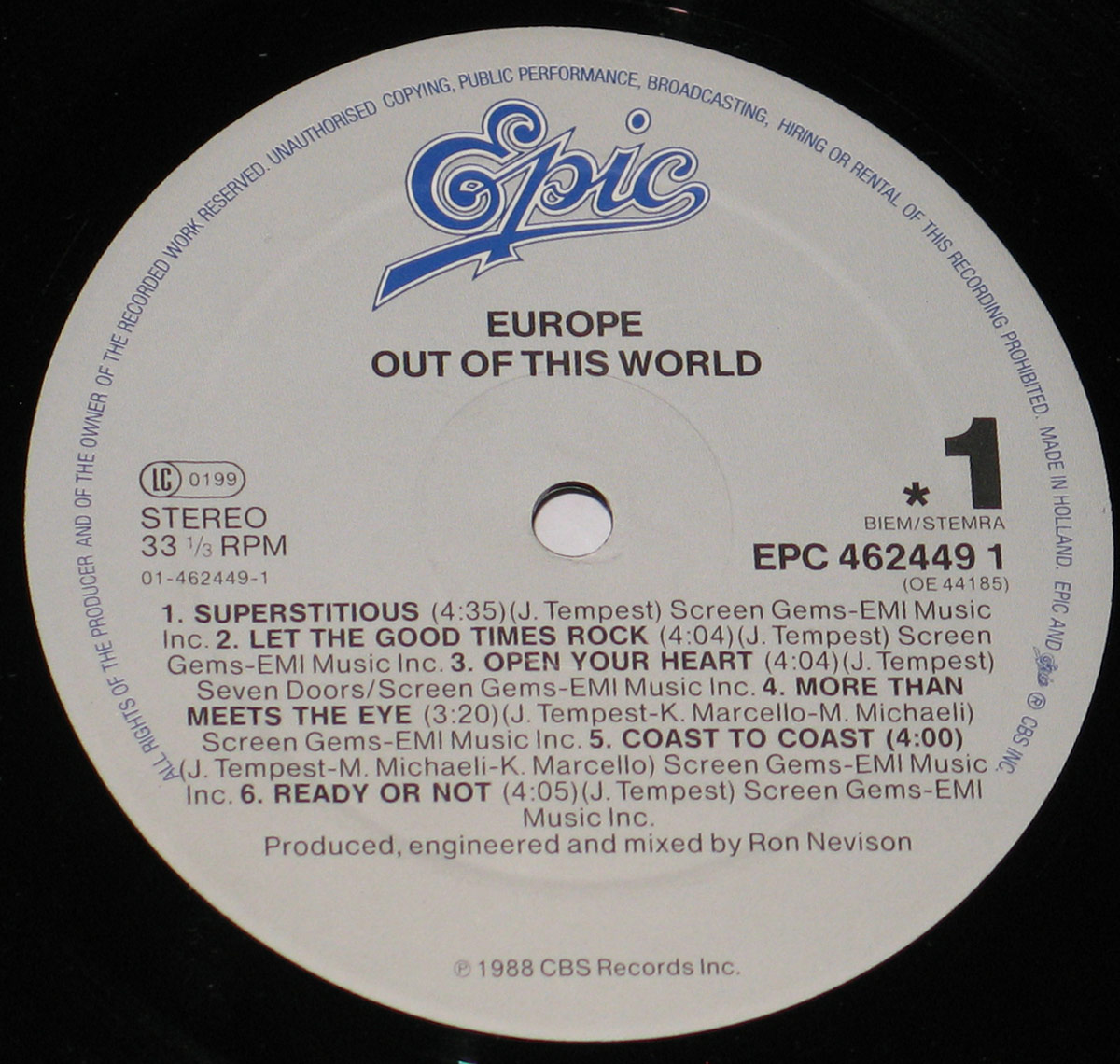 Close up of record's label EUROPE - Out of this World 12" Vinyl LP Album Side One