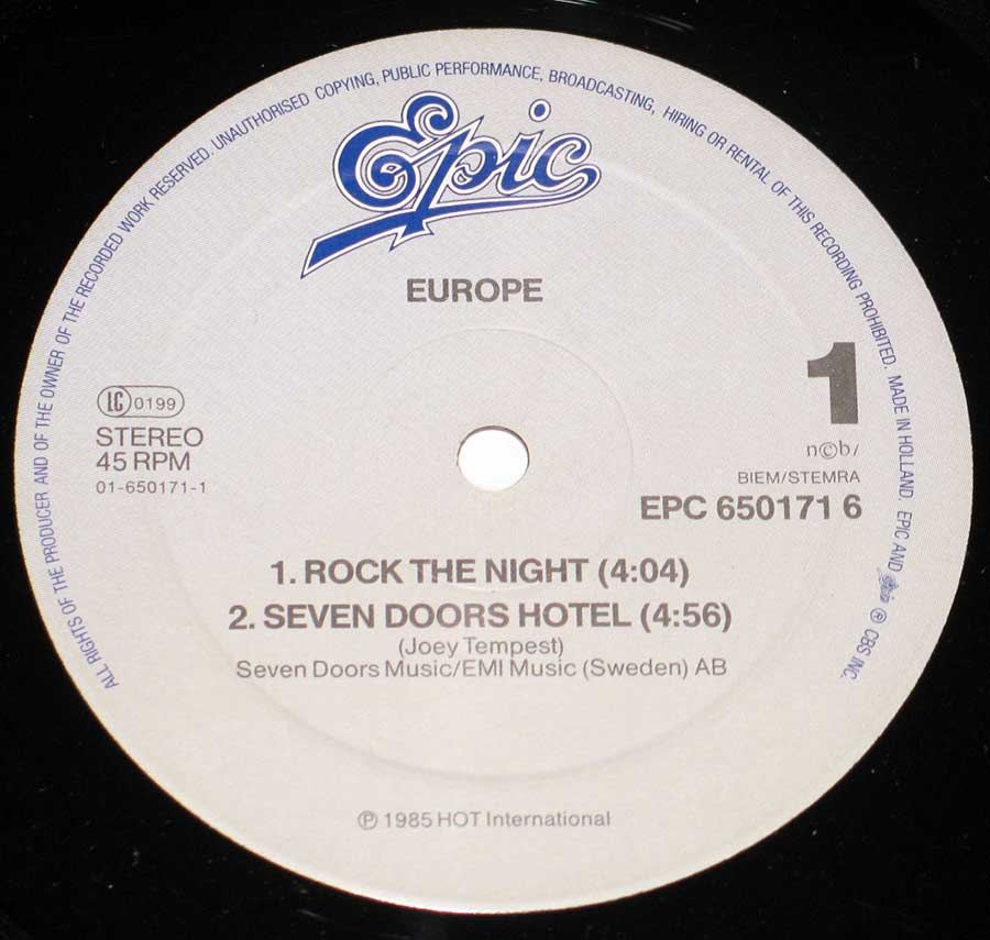 Close up of record's label EUROPE - Rock The Night 12" Maxi-Single EP Vinyl Side One