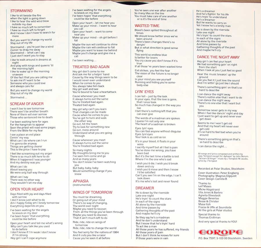 Photo One Of The Original Custom Inner Sleeve EUROPE - Wings of Tomorrow Hot Records 12" LP Vinyl Album 