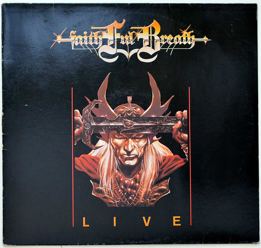 Album cover of Faithful Breath’s Live 12” Vinyl LP. The cover features a dark background with a central illustration of a warrior-like figure with long silver hair, wearing a horned crown. He holds a large, ornate sword horizontally across his forehead, with a fierce and intense expression. The band’s name, 'Faithful Breath,' is displayed in a stylized gothic font at the top, and the album title, 'LIVE,' appears in bold letters at the bottom. The color scheme is dark, with deep reds and browns, evoking a heavy metal and fantasy theme.