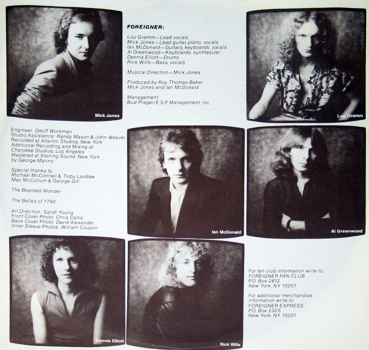 Inner sleeve of Foreigner’s Head Games album with black-and-white portraits of band members: Mick Jones, Lou Gramm, Ian McDonald, Al Greenwood, Dennis Elliott, and Rick Wills. Each musician poses individually with intense or contemplative expressions, showcasing distinct personalities. The layout includes album credits, special thanks, and fan club information on the right side.
