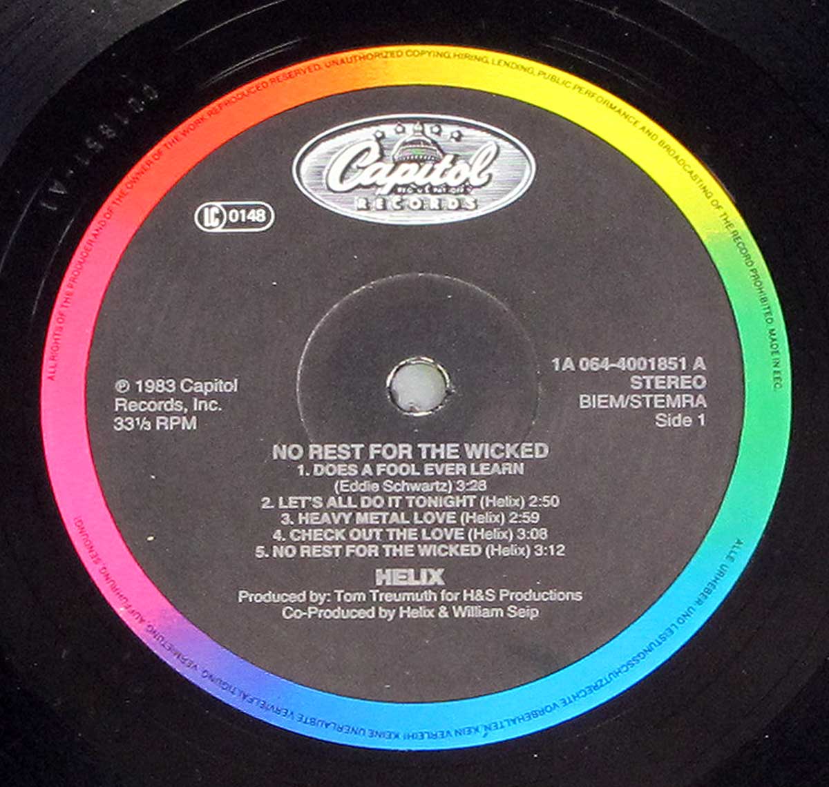 Close-up of "Capitol Records" Multi-Colour Record label of "HELIX - No Rest For the Wicked"