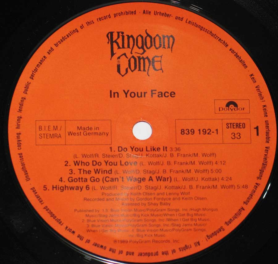 Close up of Side One record's label KINGDOM COME - In Your Face 12" Vinyl LP Album