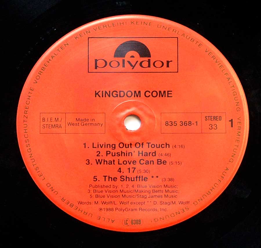 Close up of record's label KINGDOM COME - Self-Titled 12" Vinyl LP Side One