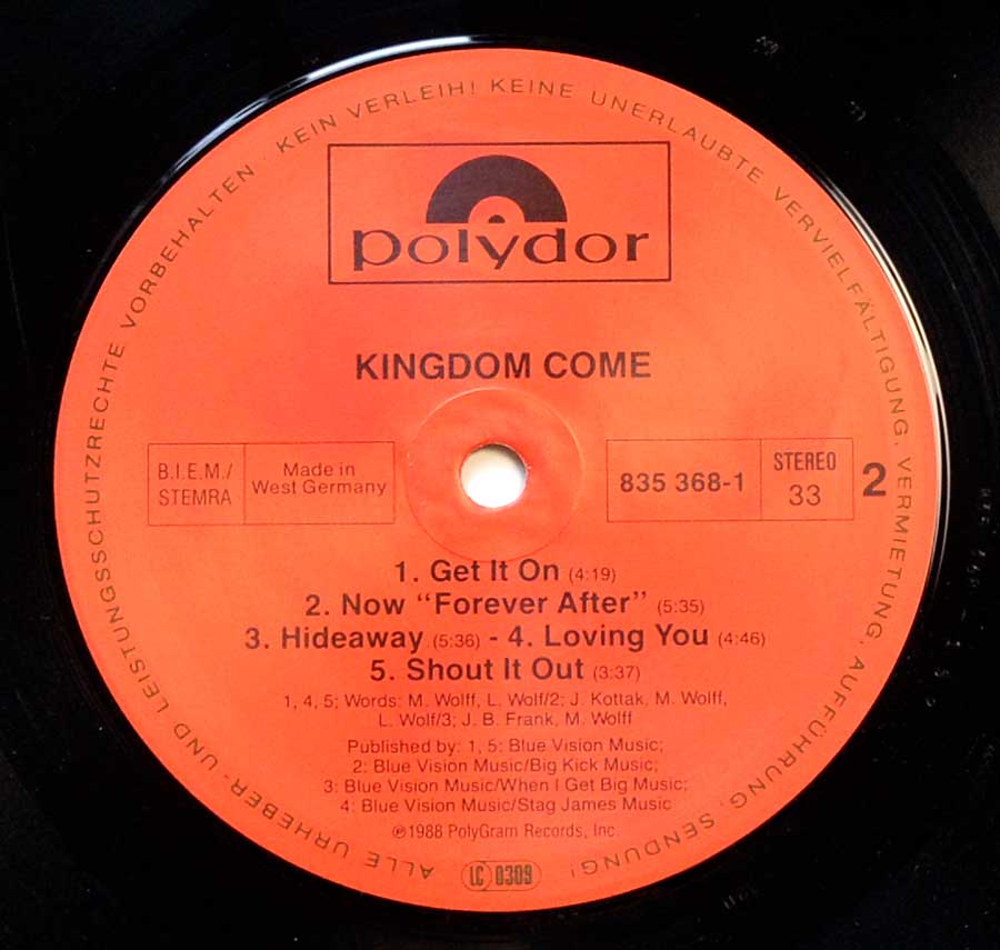 Close up of record's label KINGDOM COME - Self-Titled 12" Vinyl LP Side Two