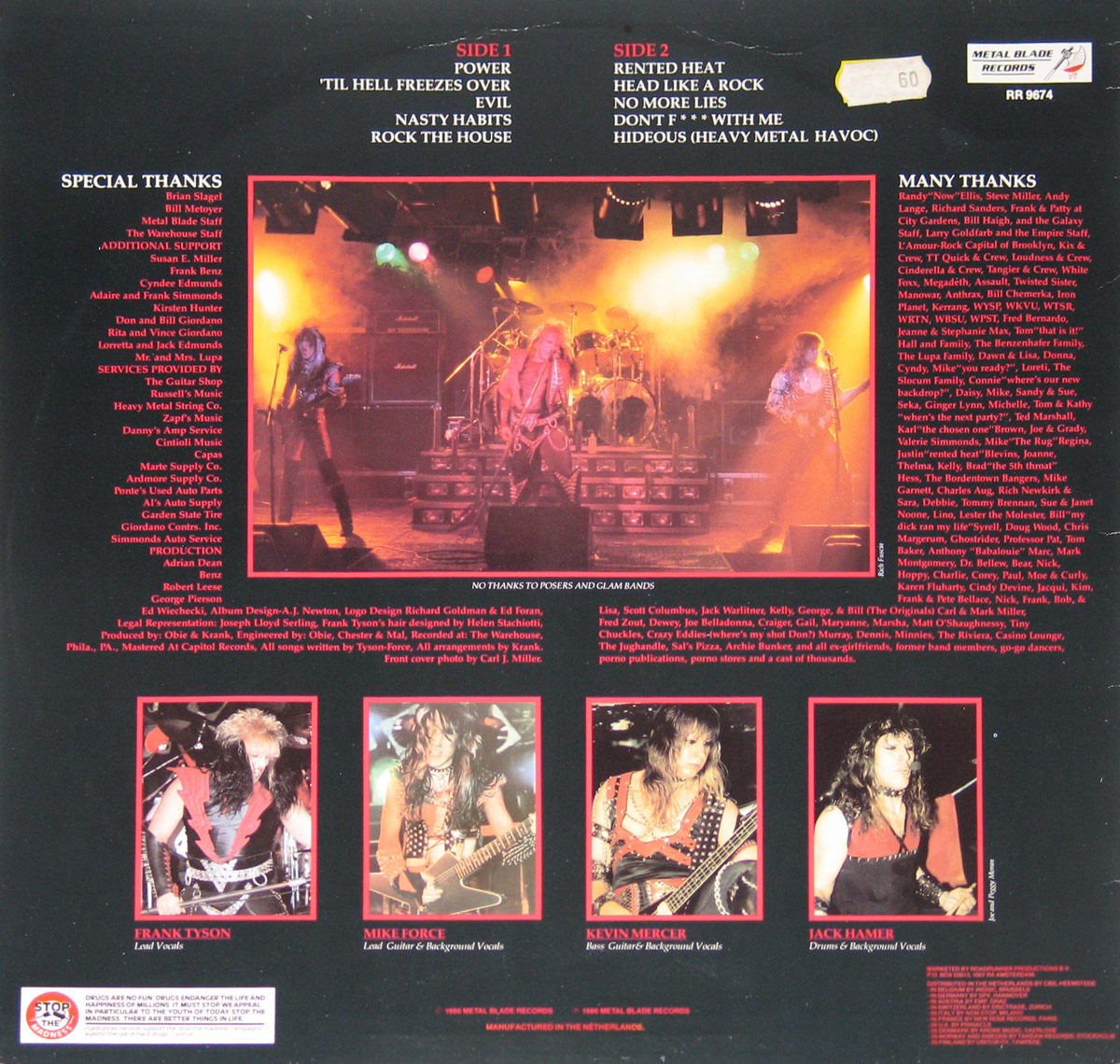 Back cover of Krank's 1986 album Hideous. The cover features the track listing for both sides of the album in red and white text at the top. A large live concert photo dominates the center, showing the band performing on stage with intense lighting and a powerful atmosphere. Below the photo, there is a list of special thanks and production credits in red text on a black background. At the bottom, four individual band member photos are framed in red, with each musician's name and role in the band listed underneath. The Metal Blade Records logo and catalog number RR 9674 appear in the top right corner, and a price sticker with the number 60 is placed nearby. A statement at the bottom humorously states 'No thanks to posers and glam bands.'