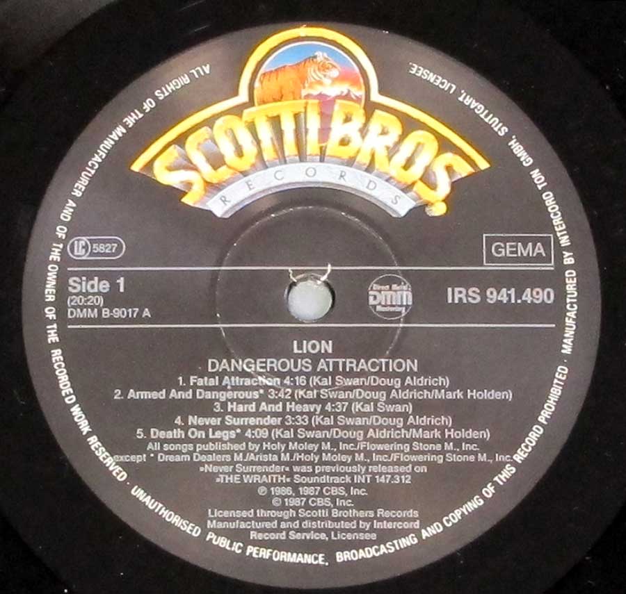 LION - Dangerous Attraction 12" LP Vinyl Album enlarged record label