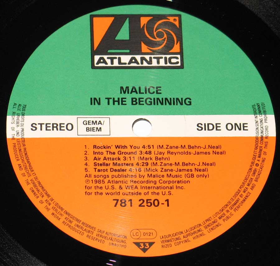 Malice In the Beginning 12" Vinyl LP Album enlarged record label