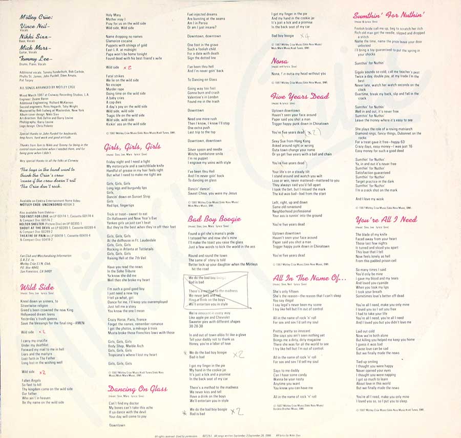 MÖTLEY CRÜE - Girls Girls Girls Italian Release 12" LP VINYL Album
 custom inner sleeve