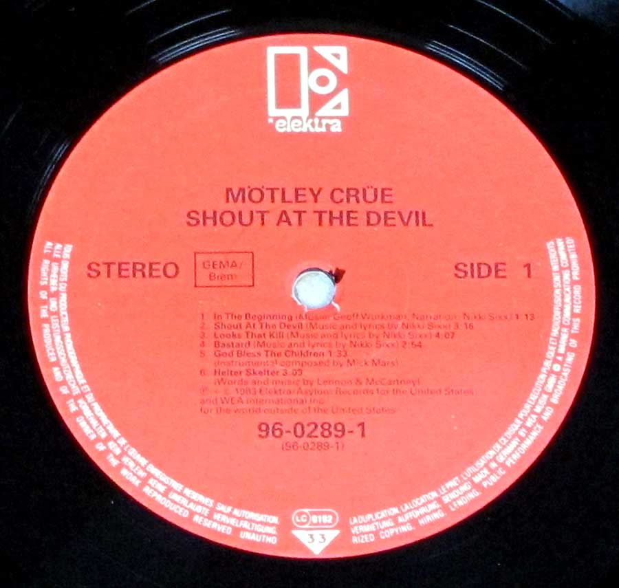 "Shout At The Devil Germany " Red Colour Elektra Record Label Details: 96-0289 t 