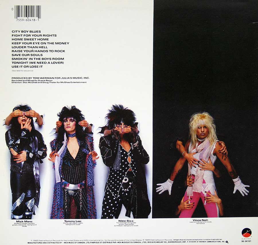 MOTLEY CRUE - Theatre Of Pain Canadian Release 12" Vinyl LP Album
 back cover