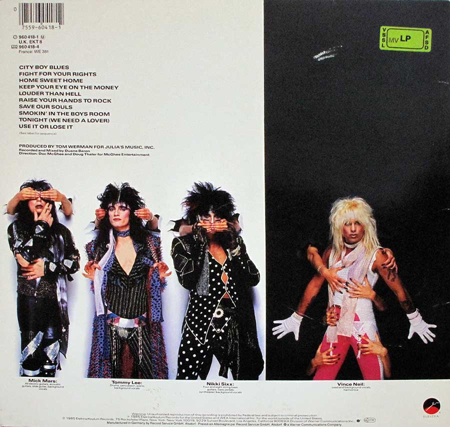 MOTLEY CRUE - Theatre Of Pain Germany 12" Vinyl LP Album
 back cover