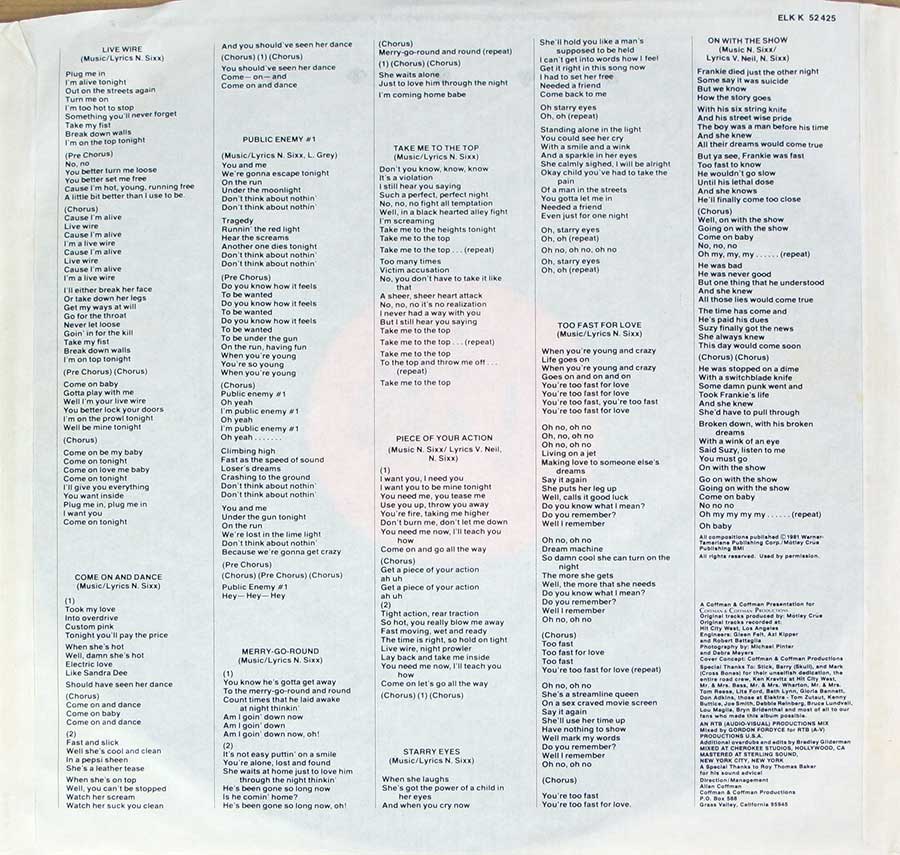MÖTLEY CRÜE - Too Fast For Love Germany No Album Title 12" LP Vinyl Album
 custom inner sleeve