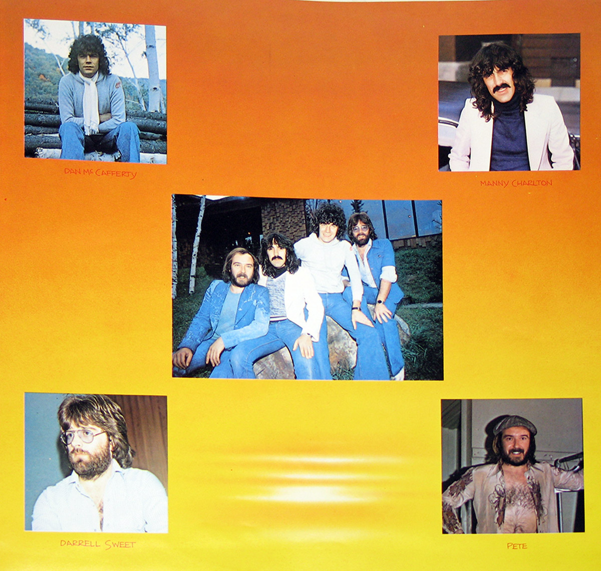 Custom inner sleeve of Nazareth’s Greatest Hits album with five photos of band members on an orange gradient background. Top left: Dan McCafferty sitting on wooden steps wearing a light gray sweater and white scarf. Top right: Manny Charlton in a light jacket and black shirt, with mustache and wavy hair. Center: Group photo of all four members sitting outdoors on a rock in denim outfits. Bottom left: Darrell Sweet wearing glasses and a white shirt, with a beard and longer hair. Bottom right: Pete Agnew shirtless, wearing a cap, smiling playfully