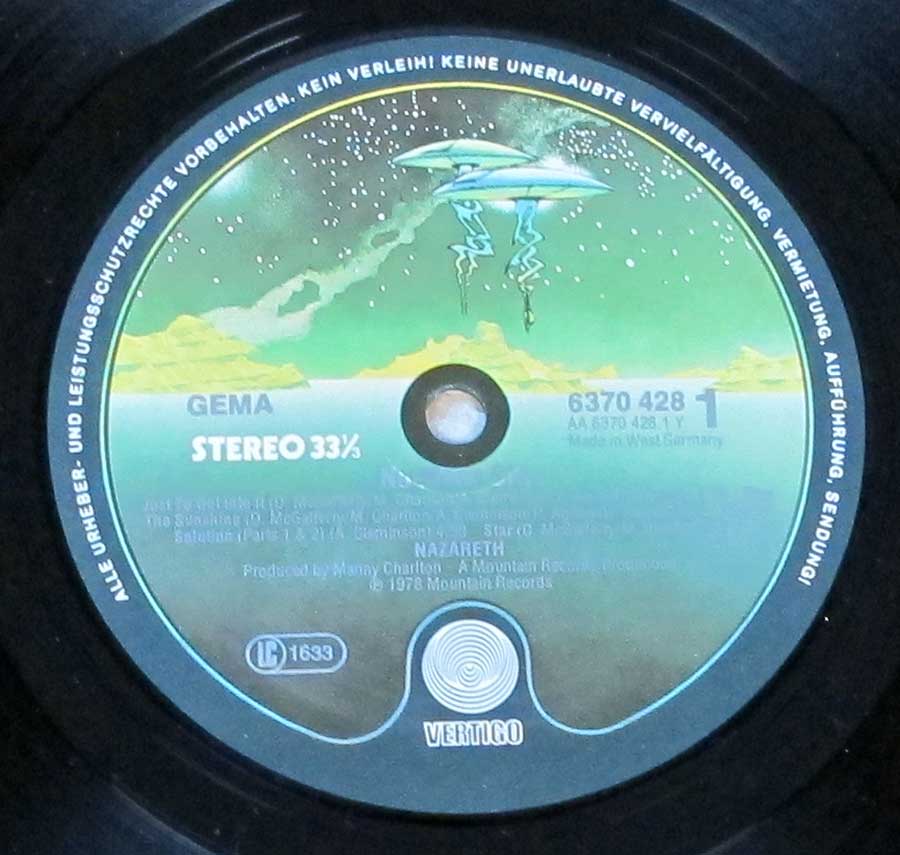 Close up of record's label NAZARETH - No Mean City Side One