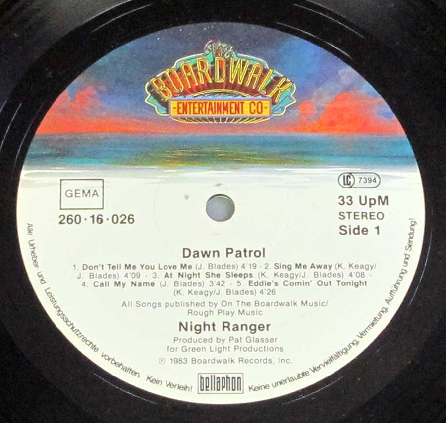 Close up of Side One record's label NIGHT RANGER - Dawn Patrol 12" LP Vinyl Album