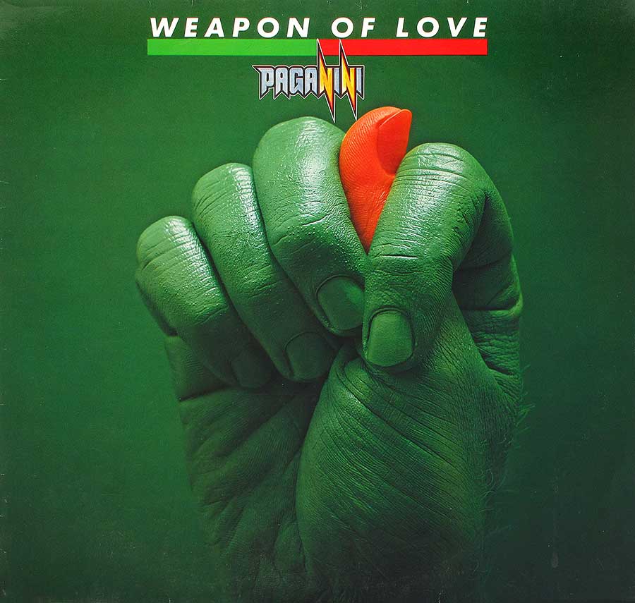 he album cover for Weapon of Love by Paganini features a striking, minimalistic design that captures attention through bold colour contrasts and symbolic imagery. The central image is a close-up of a green-tinted hand clenched into a fist, with the thumb pressing against a red guitar pick. 