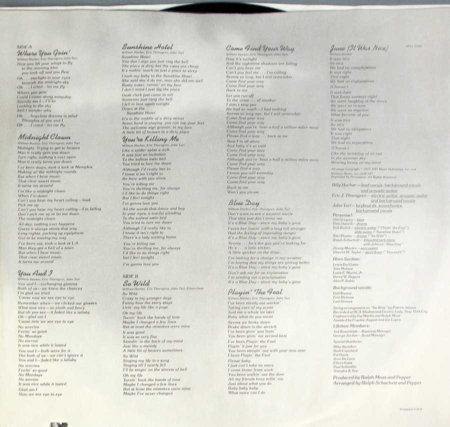 Photo Two of the original custom inner sleeve  PEPPER - Self-Titled Orig USA 12" LP Vinyl Album