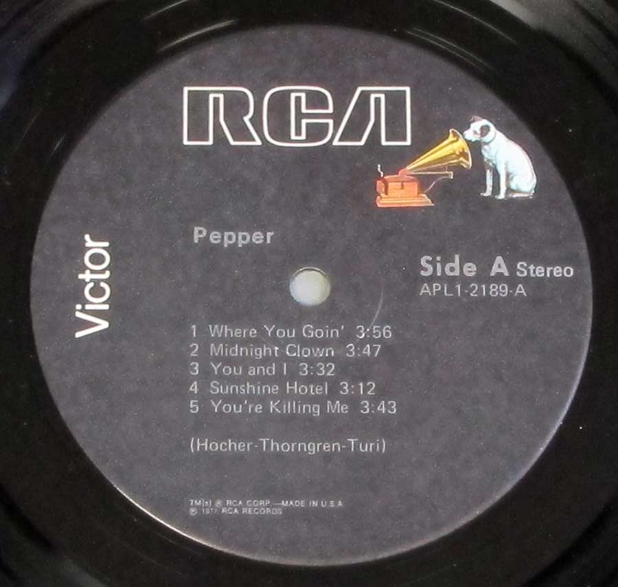 Close up of record's label PEPPER - Self-Titled Orig USA 12" LP Vinyl Album Side One