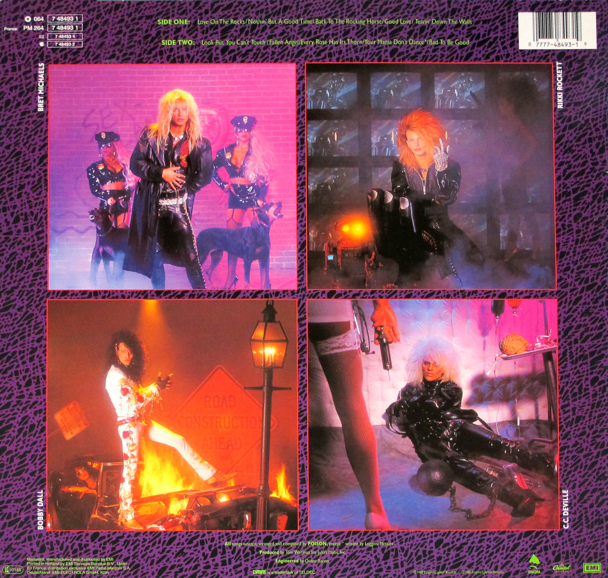 Back cover of Poison’s 1988 album Open Up and Say… Ahh! featuring four individual photos of the band members in dramatic, stylized settings. Top left: Bret Michaels in a black trench coat, flanked by two dominatrix-style police officers with a black Doberman. Top right: Rikki Rockett in a misty, neon-lit scene wearing studded gloves. Bottom left: Bobby Dall standing on flaming wreckage with a ‘Road Construction Ahead’ sign, dressed in white leather with floral patterns. Bottom right: C.C. DeVille in black latex and a white fur hat, shackled with a ball and chain, as a woman in fishnet stockings stands over him with a gun. The background features a purple and black animal print design.