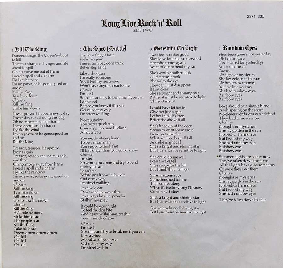 Photo One Of The Original Custom Inner Sleeve RAINBOW - Long Live Rock and Roll 