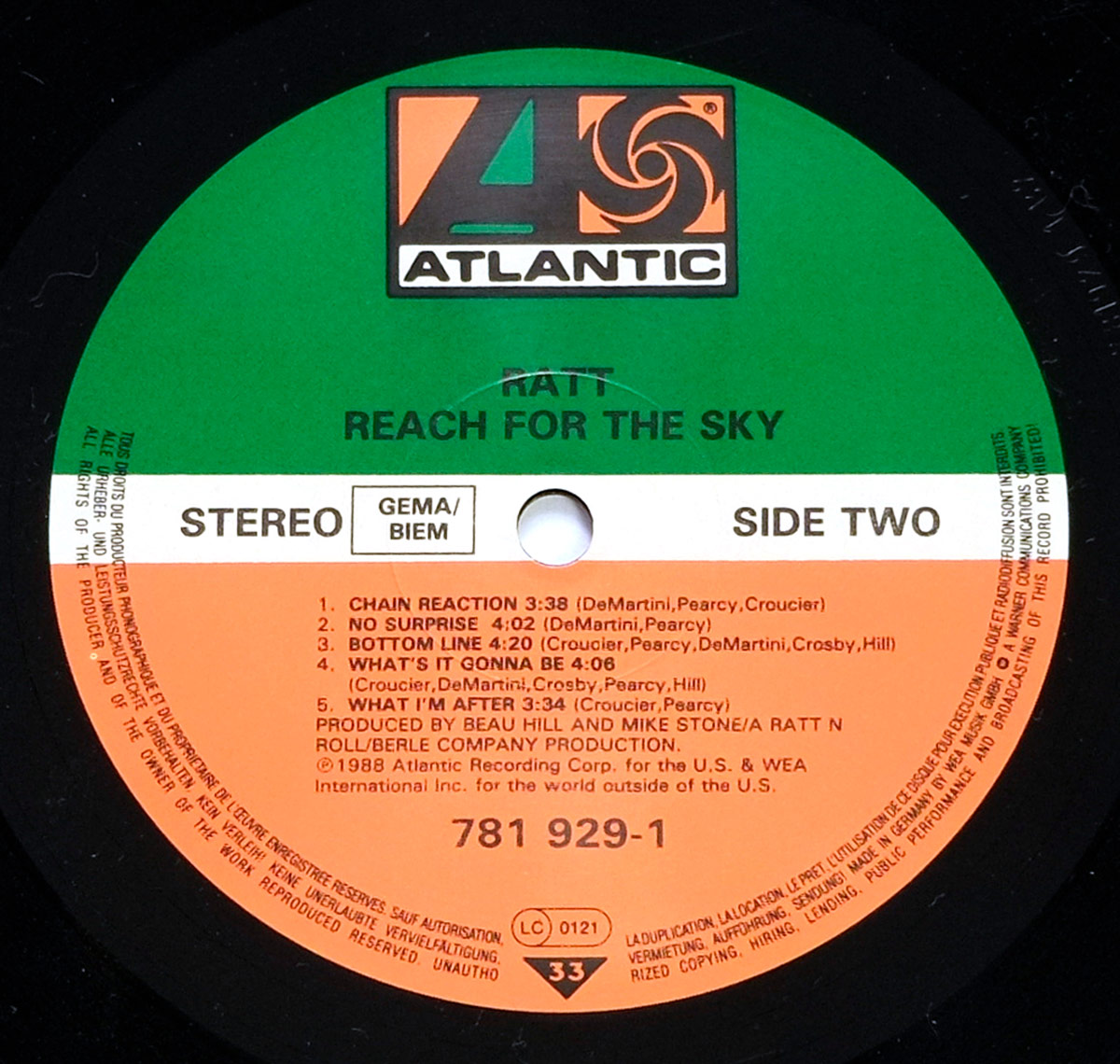 Close up of Side Two  RATT - Reach For The Sky 