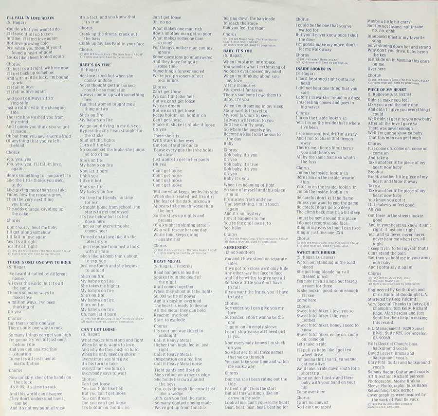 Photo Two of the original custom inner sleeve  SAMMY HAGAR - Standing Hampton Orig USA Sexy Cover