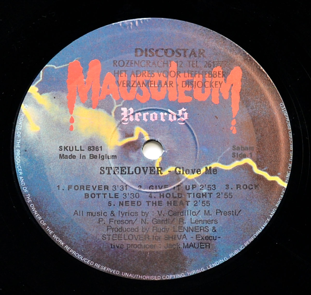 Close up of record's label STEELOVER - Glove Me ( Mausoleum Records ) Side One
